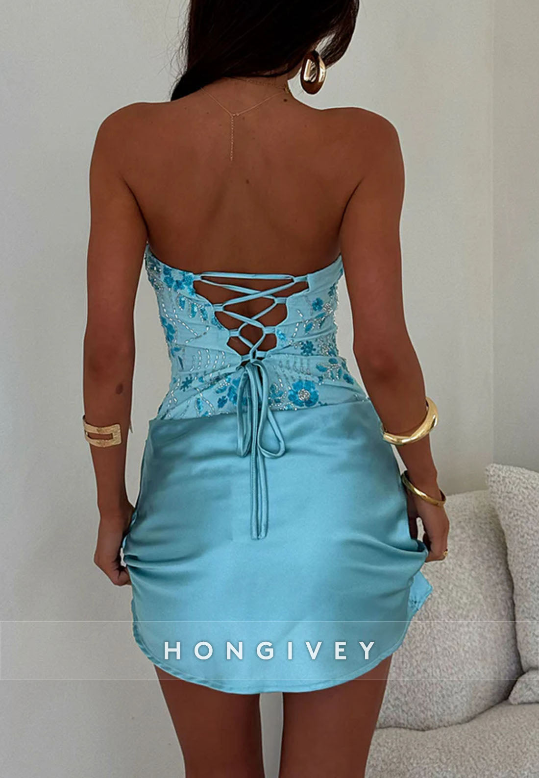 Strapless Sheath Satin Embroidery Mini Homecoming Dress with Beading