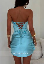 Strapless Sheath Satin Embroidery Mini Homecoming Dress with Beading