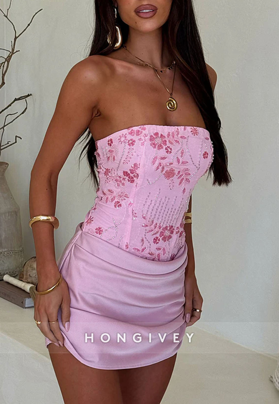 Strapless Sheath Satin Embroidery Mini Homecoming Dress with Beading