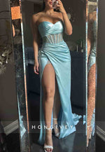 Blue Satin Sweetheart Pleated Side Draping High Slit Prom Dresses