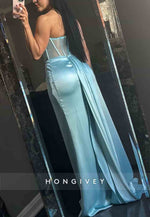 Blue Satin Sweetheart Pleated Side Draping High Slit Prom Dresses