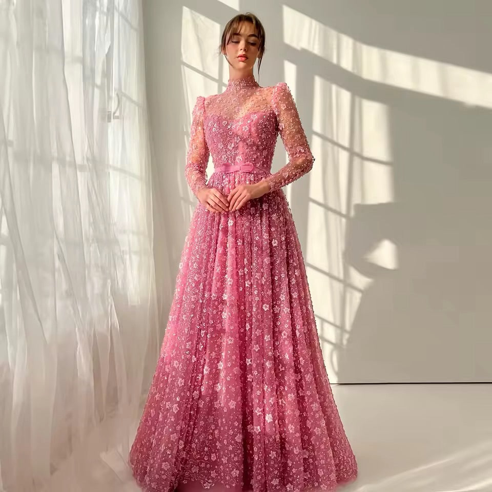 Exquisite High Neck Long Sleeve Sparkle A-Line Formal Evening Dress