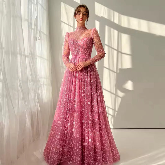 Exquisite High Neck Long Sleeve Sparkle A-Line Formal Evening Dress