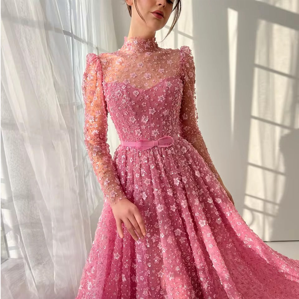 Exquisite High Neck Long Sleeve Sparkle A-Line Formal Evening Dress