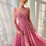 Exquisite High Neck Long Sleeve Sparkle A-Line Formal Evening Dress