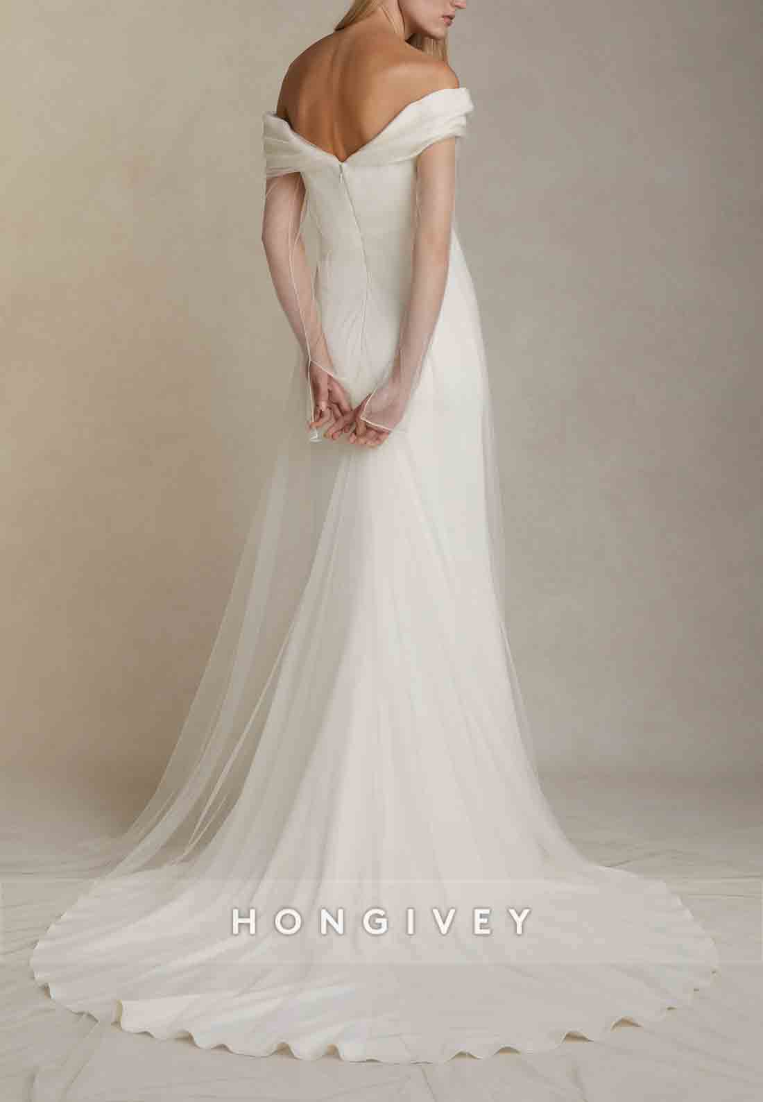 Tulle Off the Shoulder Court Train Long Sleeves Mermaid Wedding Dresses