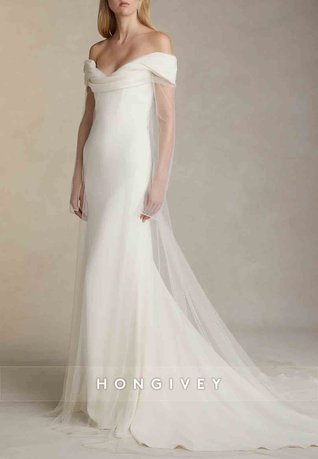 Tulle Off the Shoulder Court Train Long Sleeves Mermaid Wedding Dresses