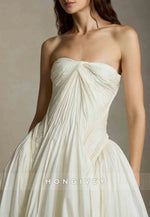 Simple Strapless A-Line Court Train Ruched Empire Wedding Dresses