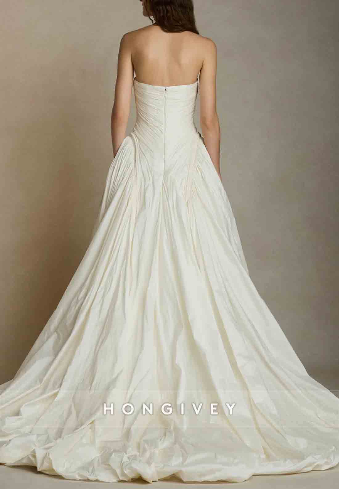 Simple Strapless A-Line Court Train Ruched Empire Wedding Dresses