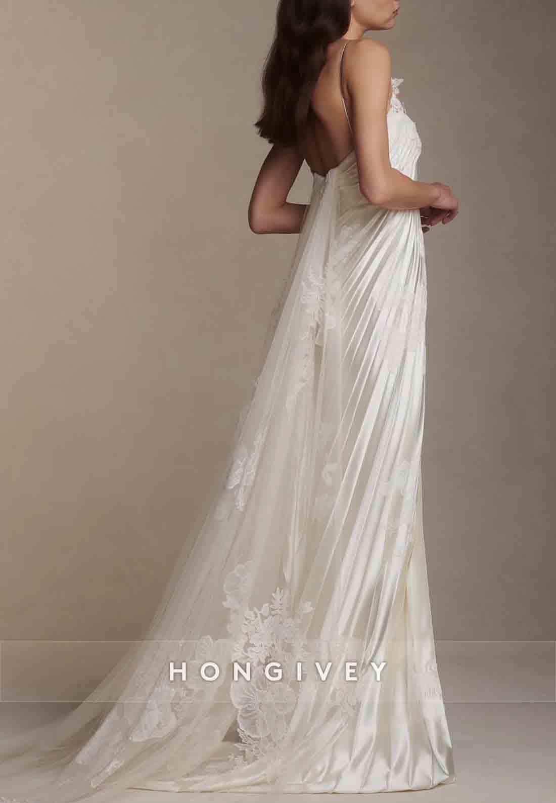 Spaghetti Straps Column Square Neck Tulle Wedding Dresses with Ruffles