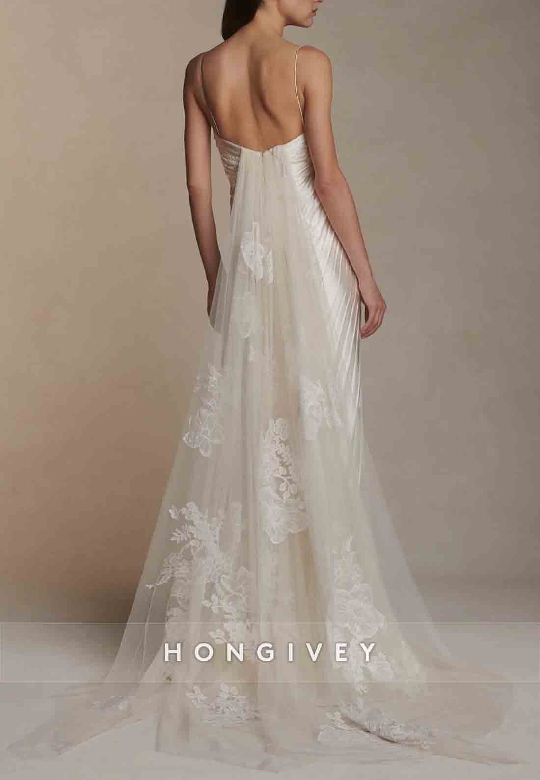 Spaghetti Straps Column Square Neck Tulle Wedding Dresses with Ruffles