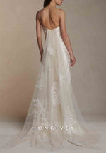 Spaghetti Straps Column Square Neck Tulle Wedding Dresses with Ruffles