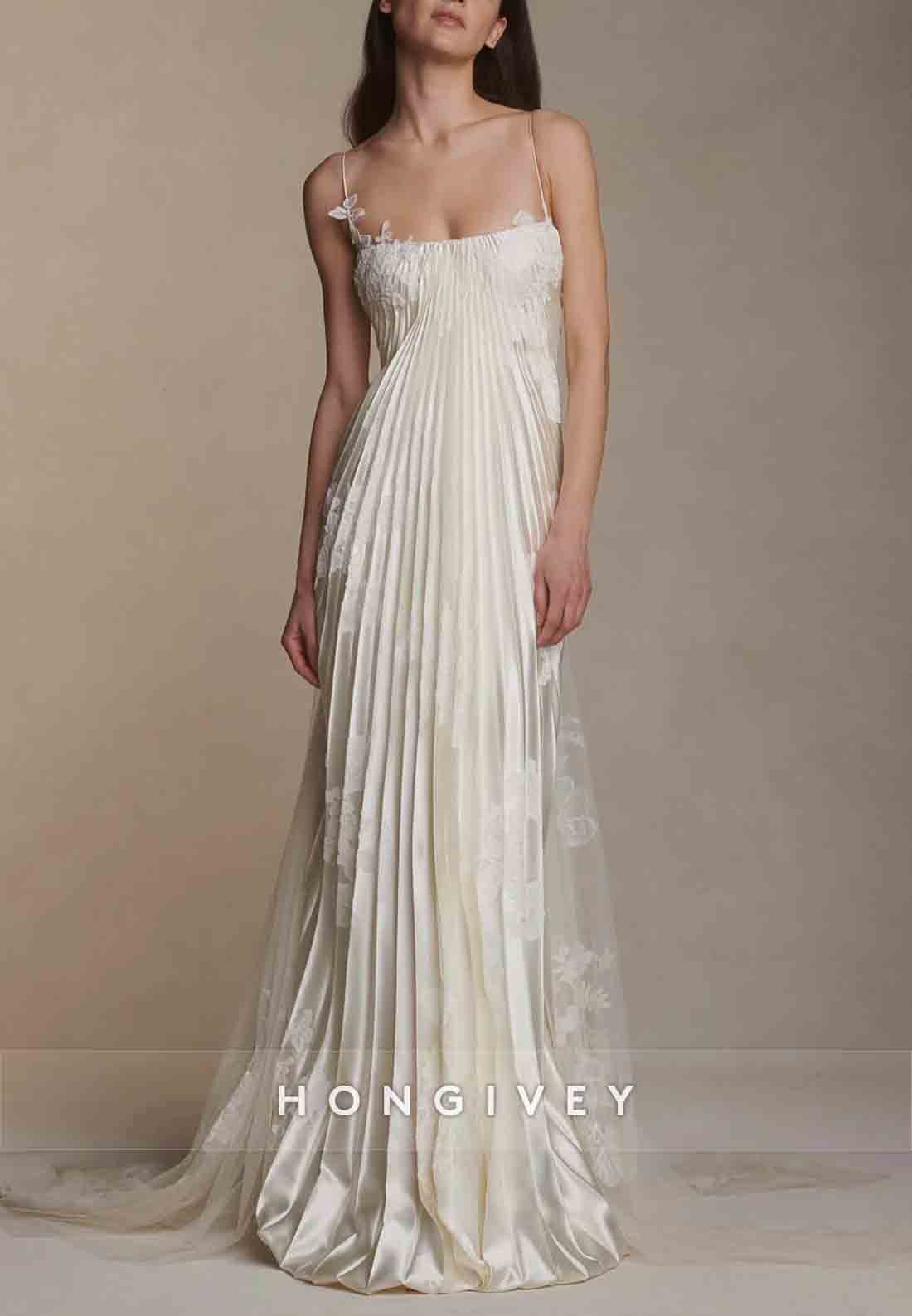 Spaghetti Straps Column Square Neck Tulle Wedding Dresses with Ruffles