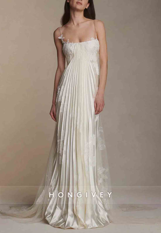 Spaghetti Straps Column Square Neck Tulle Wedding Dresses with Ruffles