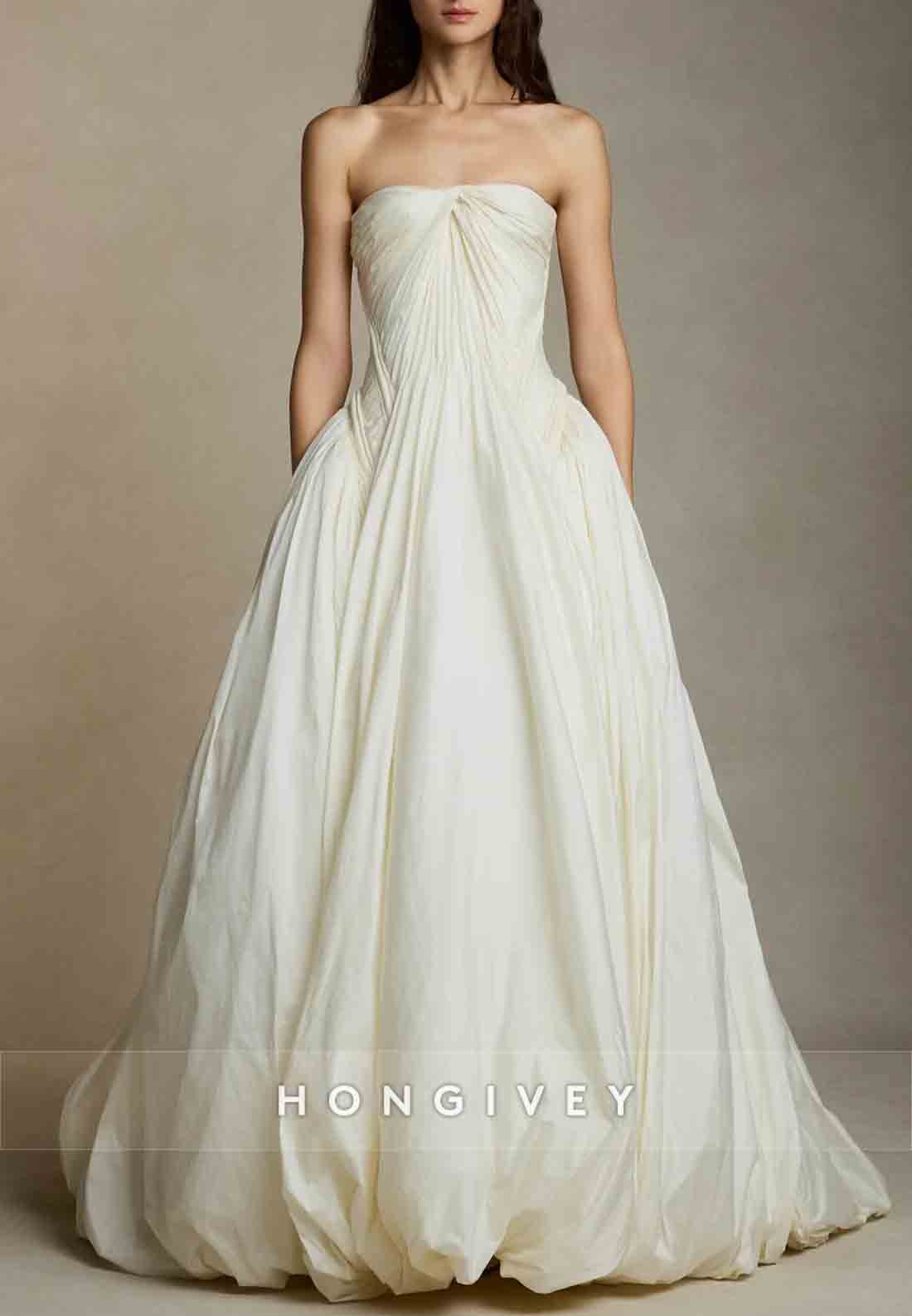 Simple Strapless A-Line Court Train Ruched Empire Wedding Dresses
