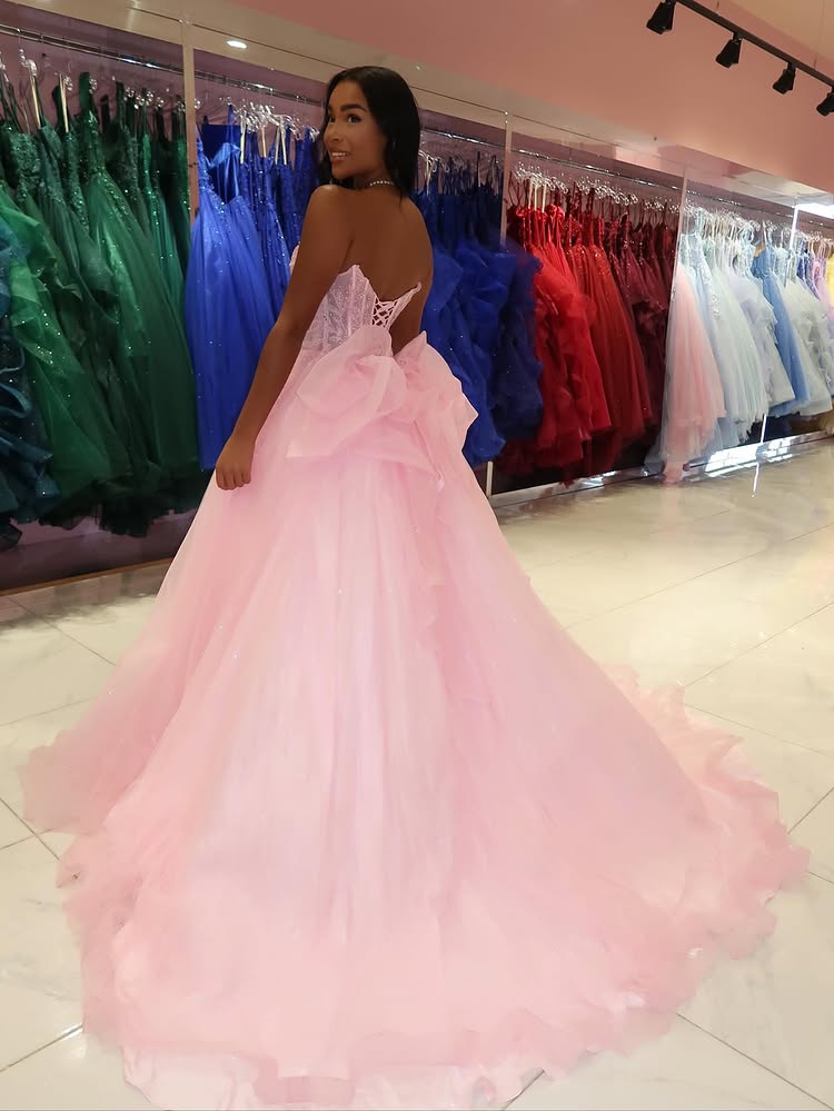Pink Sleeveless Sweetheart Sheer Beaded Sparkle A-Line Prom Dress Floor-Length