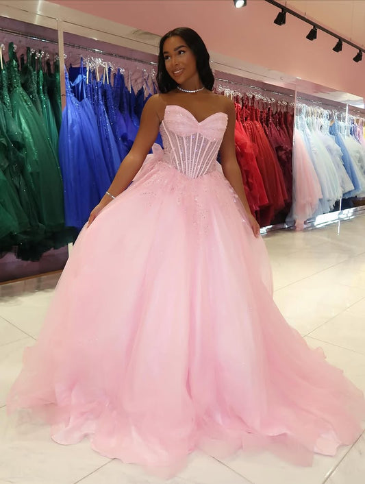 Pink Sleeveless Sweetheart Sheer Beaded Sparkle A-Line Prom Dress Floor-Length