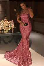 Sparkle Gold Sequins Mermaid Evening Gowns Chic Strapless Prom Dresses