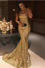 Sparkle Gold Sequins Mermaid Evening Gowns Chic Strapless Prom Dresses