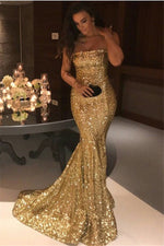 Sparkle Gold Sequins Mermaid Evening Gowns Chic Strapless Prom Dresses