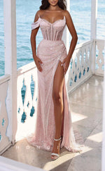 L2812 - Glitter Fitted One Shoulder Empire With Side Slit Sequined Party Prom Evening Dress