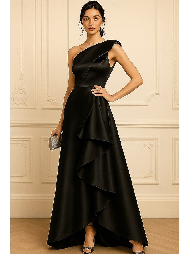 One Shoulder Sleeveless A-Line Ruffle Evening Gown Mother of the Bride Dress