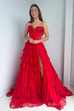 Strapless Chiffon Ruffled Prom Dress with Corset Bodice and Slit