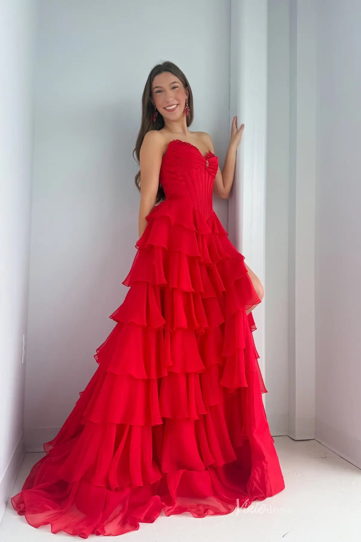 Strapless Chiffon Ruffled Prom Dress with Corset Bodice and Slit