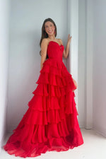 Strapless Chiffon Ruffled Prom Dress with Corset Bodice and Slit
