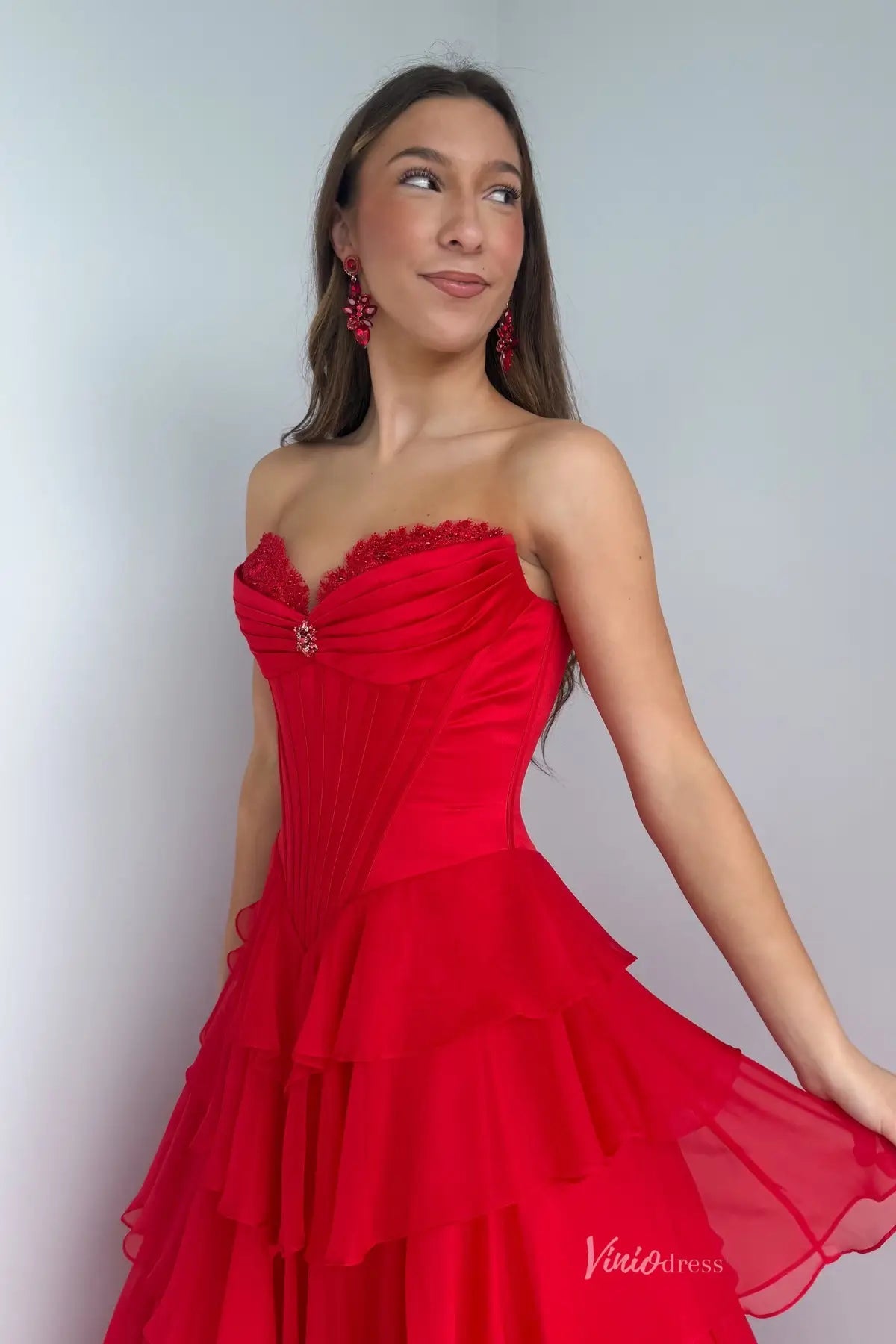 Strapless Chiffon Ruffled Prom Dress with Corset Bodice and Slit