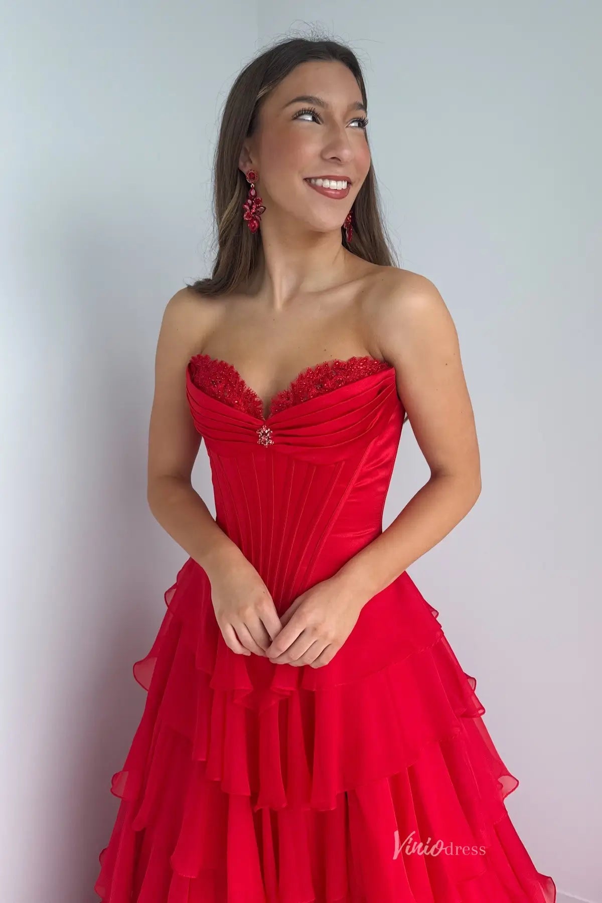 Strapless Chiffon Ruffled Prom Dress with Corset Bodice and Slit