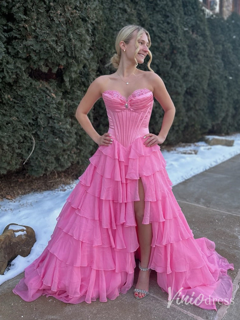 Strapless Chiffon Ruffled Prom Dress with Corset Bodice and Slit