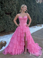 Strapless Chiffon Ruffled Prom Dress with Corset Bodice and Slit
