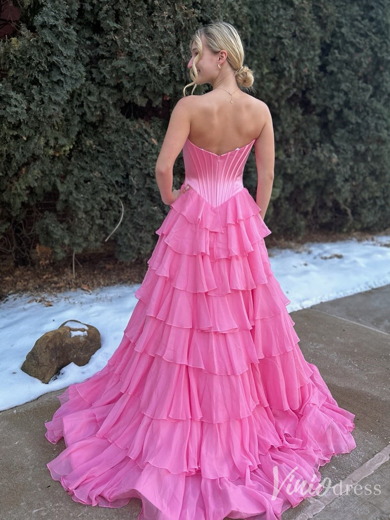 Strapless Chiffon Ruffled Prom Dress with Corset Bodice and Slit