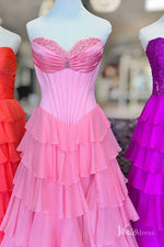 Strapless Chiffon Ruffled Prom Dress with Corset Bodice and Slit
