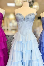 Strapless Chiffon Ruffled Prom Dress with Corset Bodice and Slit