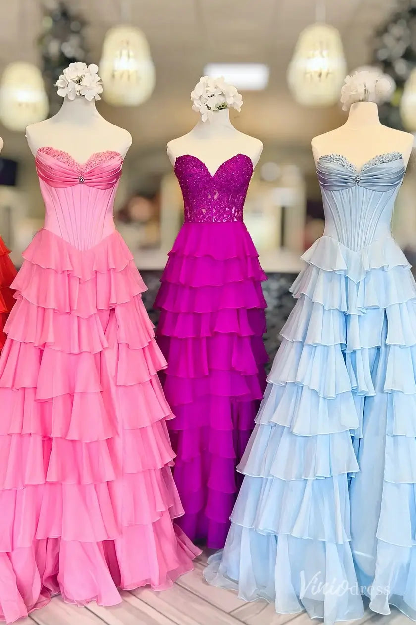 Strapless Chiffon Ruffled Prom Dress with Corset Bodice and Slit
