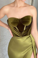 Strapless Olive Green Mermaid Evening Dress With Split