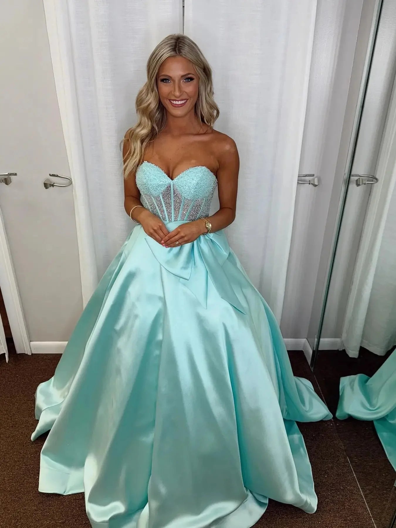 Strapless Satin Prom Dress with Bow Sweetheart Neckline Beaded