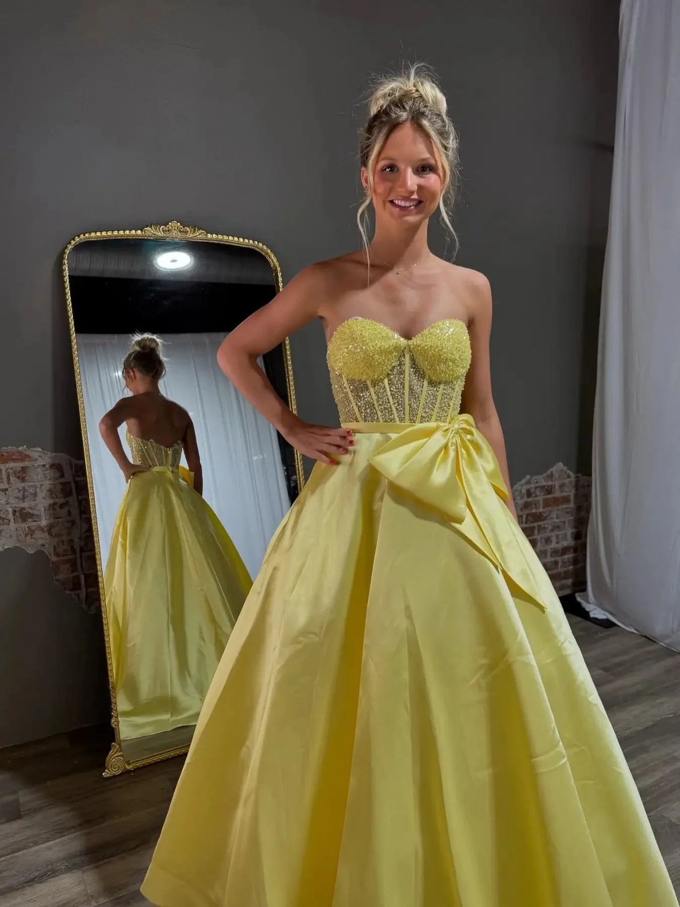 Strapless Satin Prom Dress with Bow Sweetheart Neckline Beaded
