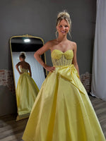 Strapless Satin Prom Dress with Bow Sweetheart Neckline Beaded