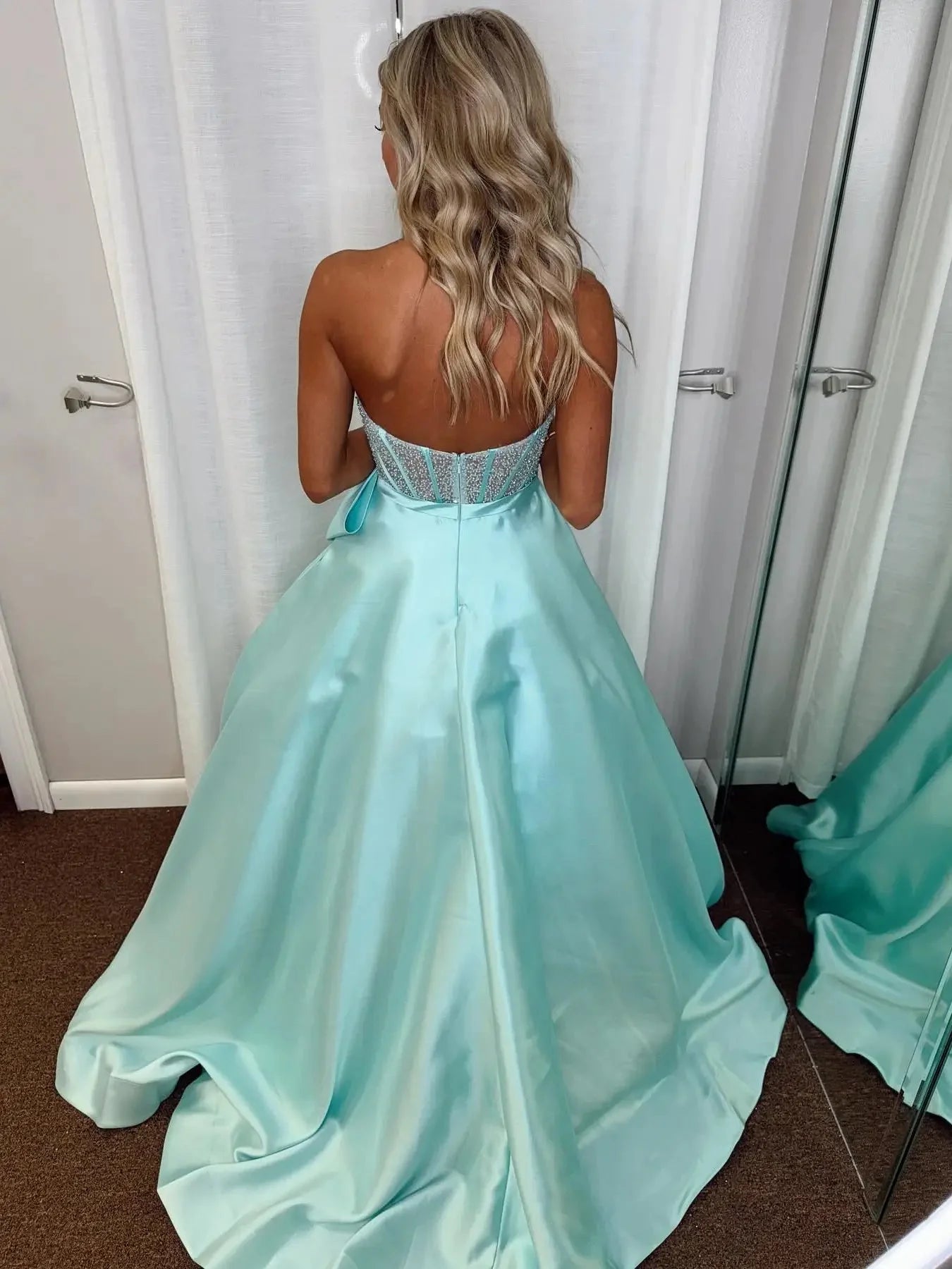 Strapless Satin Prom Dress with Bow Sweetheart Neckline Beaded