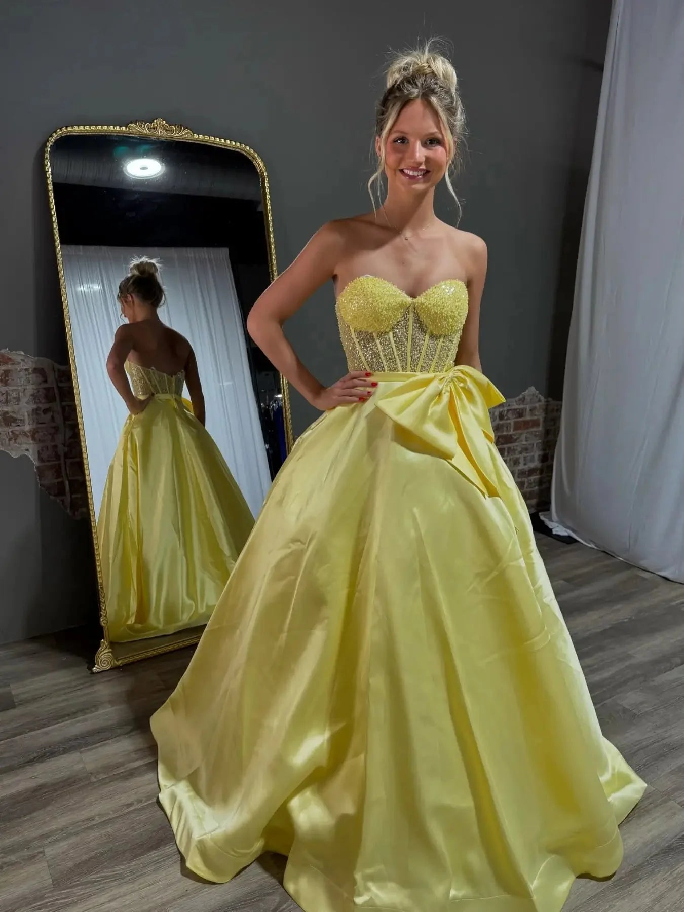 Strapless Satin Prom Dress with Bow Sweetheart Neckline Beaded