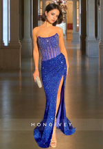 HONGIVEY Glitter Strapless Formal Evening Dress Sequined Royal Blue Party Dress Prom Gown