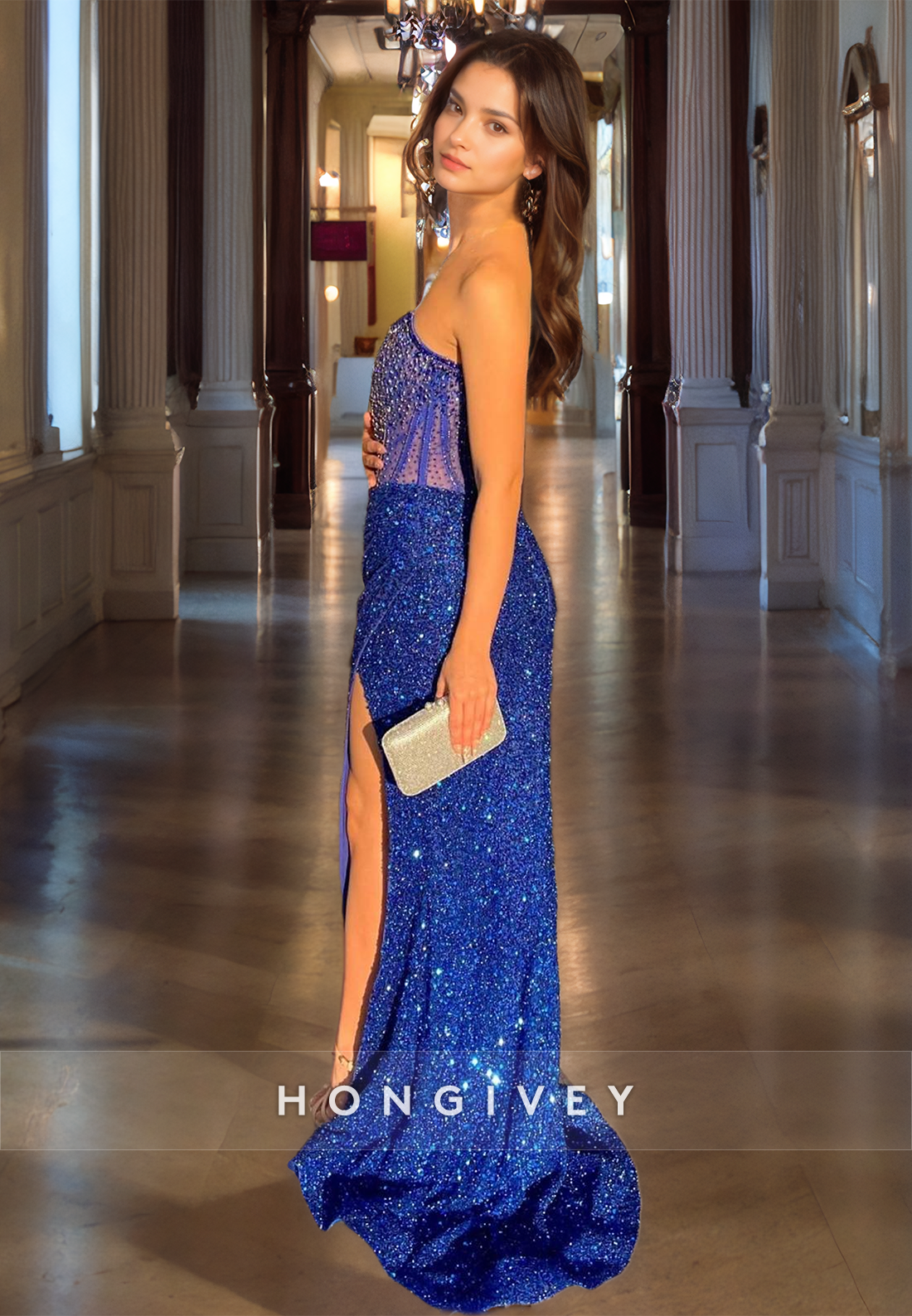 HONGIVEY Glitter Strapless Formal Evening Dress Sequined Royal Blue Party Dress Prom Gown