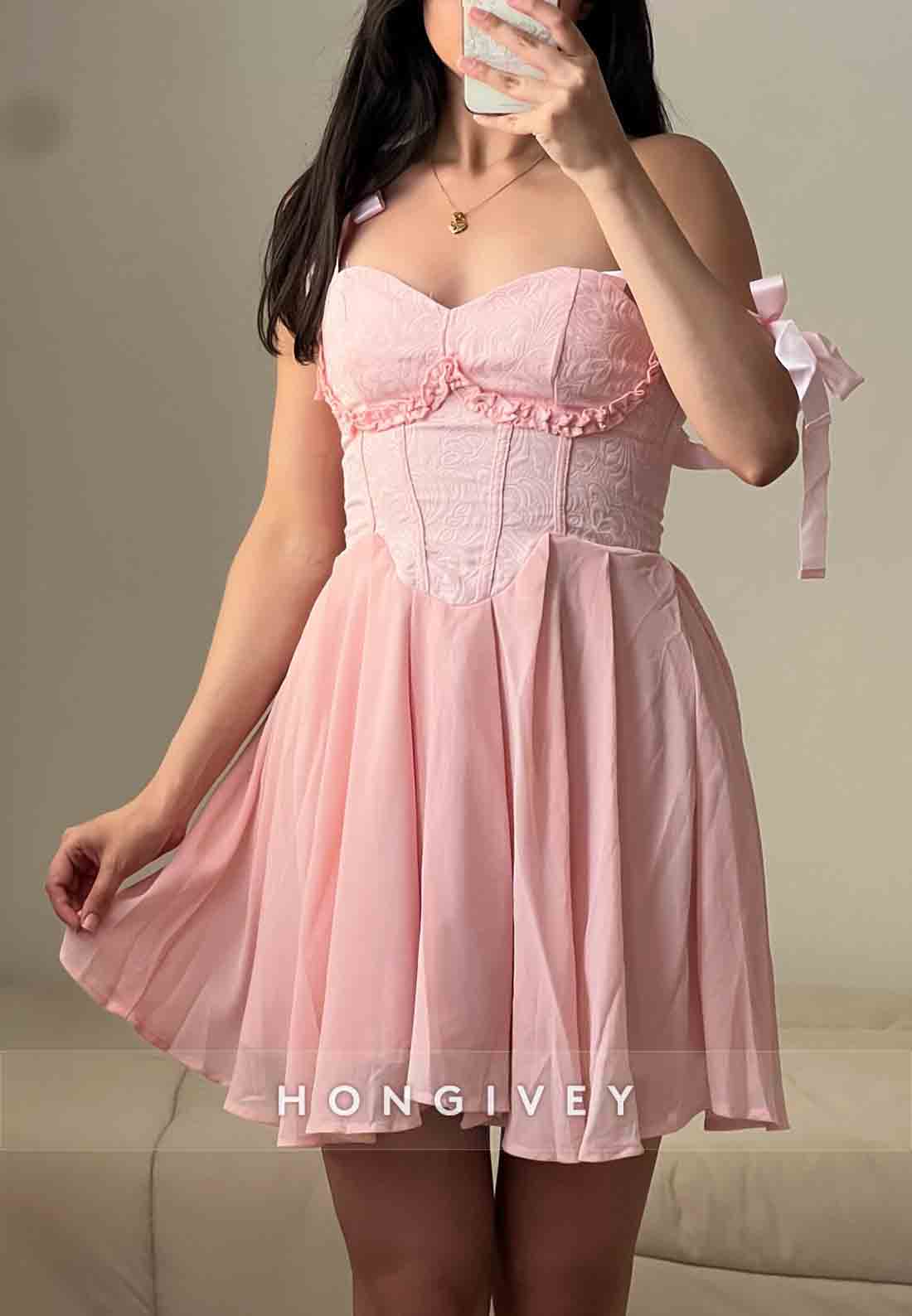 Sweetheart A-Line Pink Short Homecoming Dresses with Shoulder Bowknots