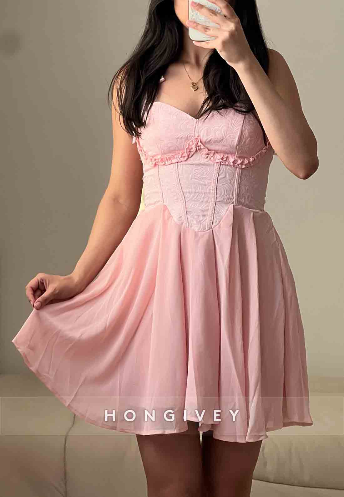 Sweetheart A-Line Pink Short Homecoming Dresses with Shoulder Bowknots