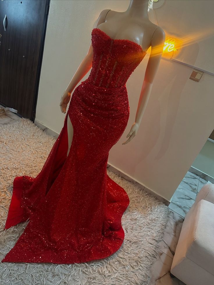 Stunning Mermaid Sweetheart Red Slit Sequin Prom Dresses Inspiration Prom Dress Princess