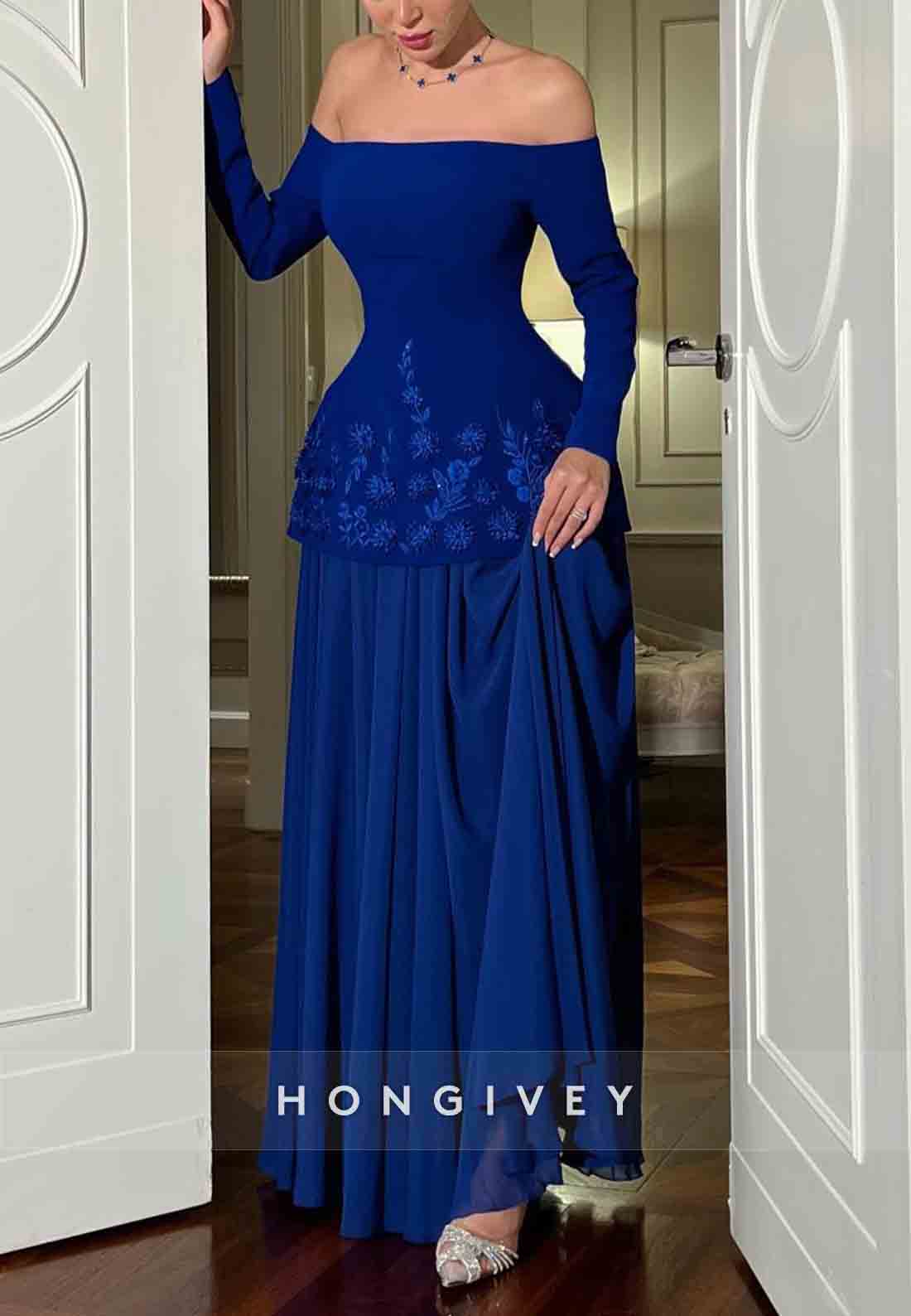 Royal Blue Off the Shoulder Long Sleeves Evening Gowns with Appliques