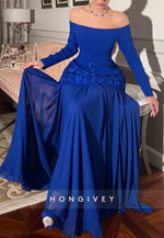 Royal Blue Off the Shoulder Long Sleeves Evening Gowns with Appliques